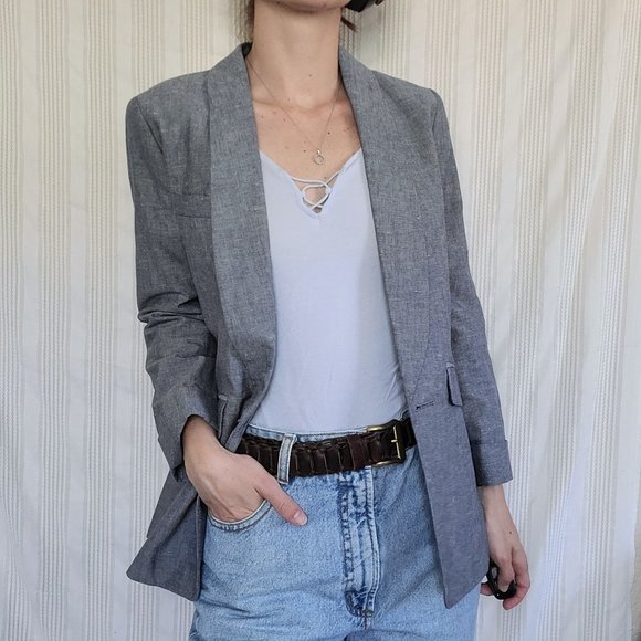 J. Crew Unstructured Shawl Collar Linen/Cotton Blend Blue Chambray Blazer - 2P - Picture 12 of 14